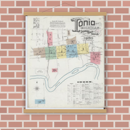 Old map wall art mockup — magnetic wood frame on brick wall — Sanborn Fire Insurance Map from Ionia, Ionia County, Michigan (1895) - Complete Map Set