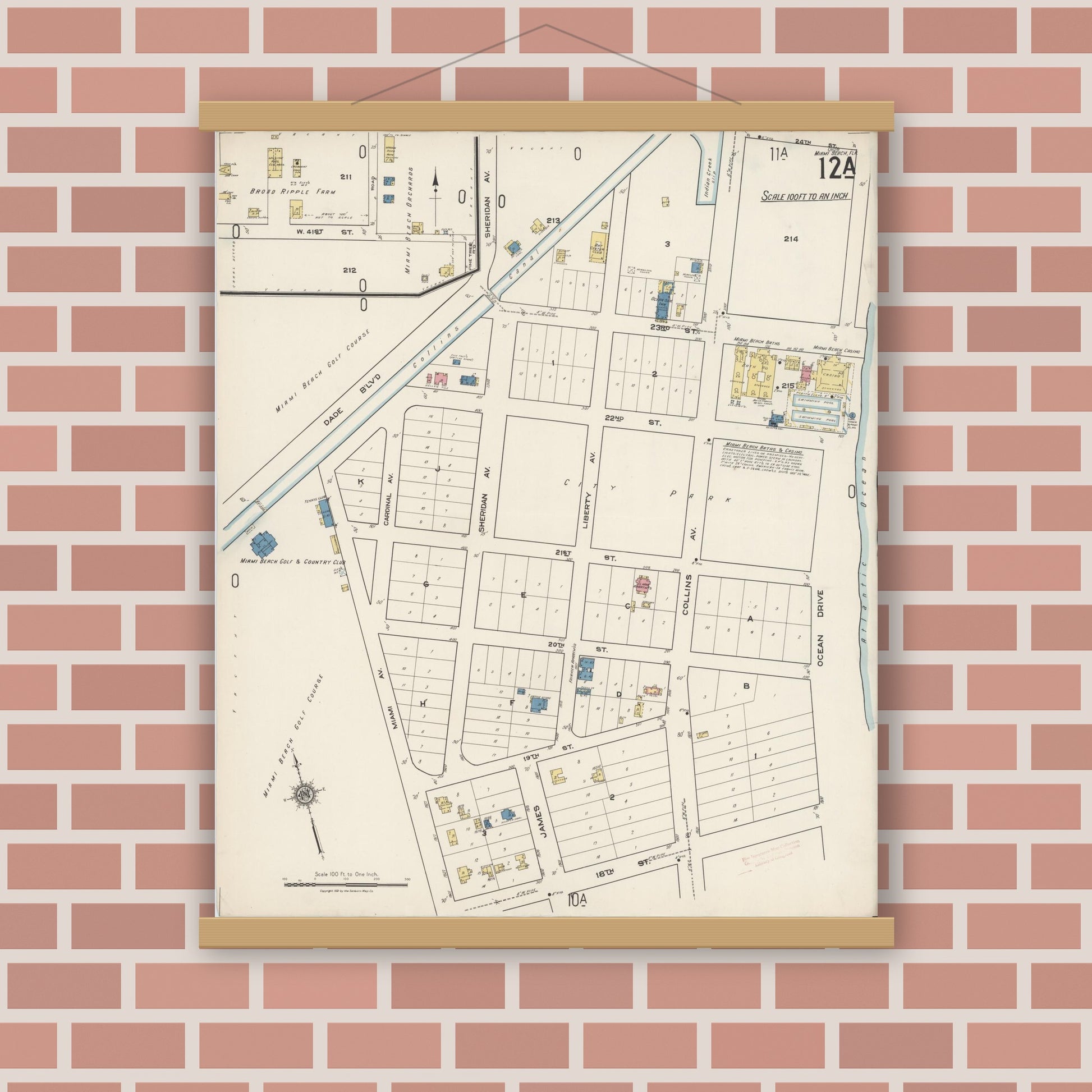 Old map wall art mockup — magnetic wood frame on brick wall — Sanborn Fire Insurance Map from Miami Beach, Dade County, Florida (1921), Sheet #0012