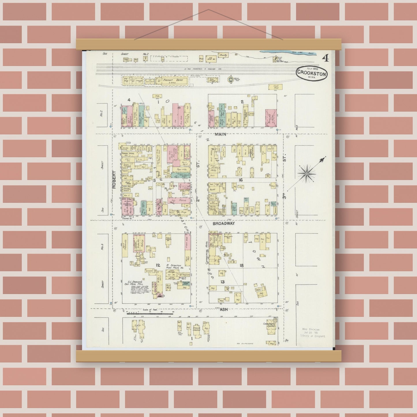 Old map wall art mockup — magnetic wood frame on brick wall — Sanborn Fire Insurance Map from Crookston, Polk County, Minnesota (1890), Sheet #0004