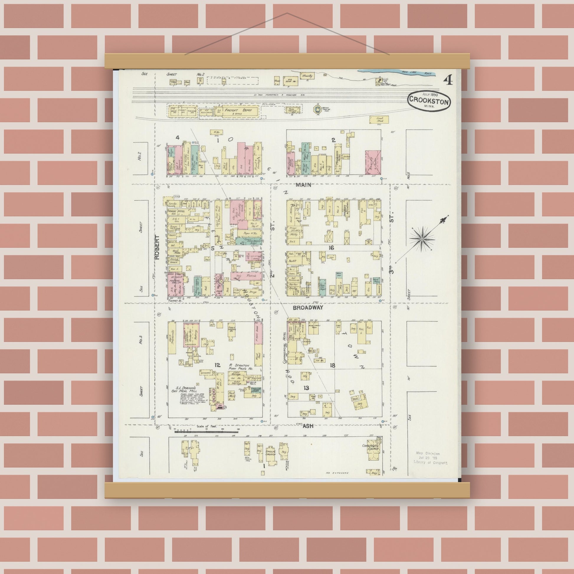 Old map wall art mockup — magnetic wood frame on brick wall — Sanborn Fire Insurance Map from Crookston, Polk County, Minnesota (1890), Sheet #0004