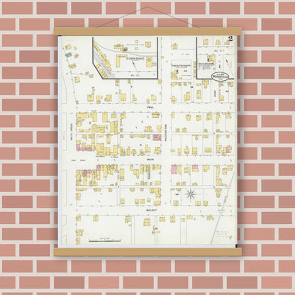 Old map wall art mockup — magnetic wood frame on brick wall — Sanborn Fire Insurance Map from Woodsfield, Monroe County, Ohio (1899), Sheet #0002