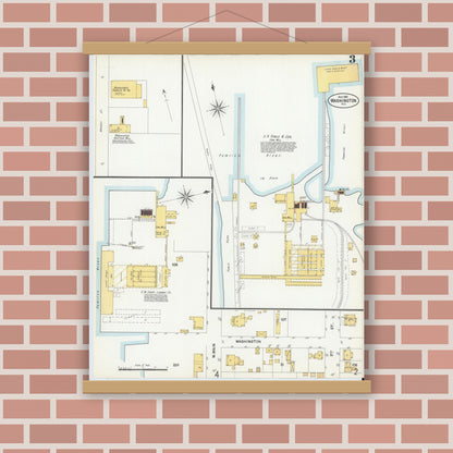 Old map wall art mockup — magnetic wood frame on brick wall — Sanborn Fire Insurance Map from Washington, Beaufort County, North Carolina (1901), Sheet #0003