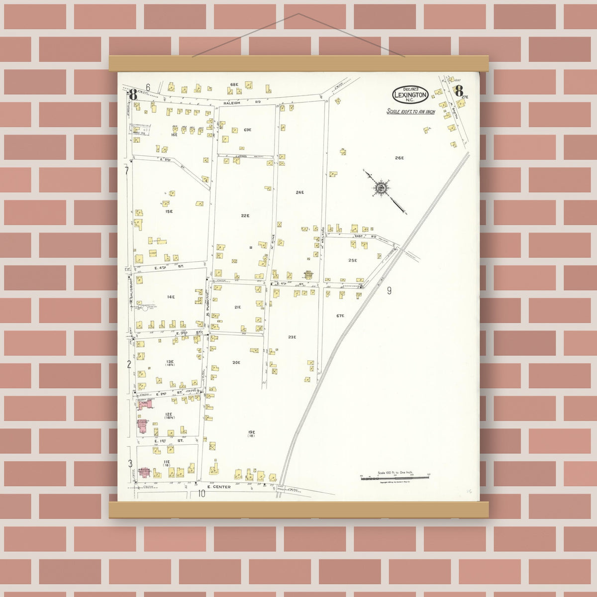 Old map wall art mockup — magnetic wood frame on brick wall — Sanborn Fire Insurance Map from Lexington, Davidson County, North Carolina (1923), Sheet #0008