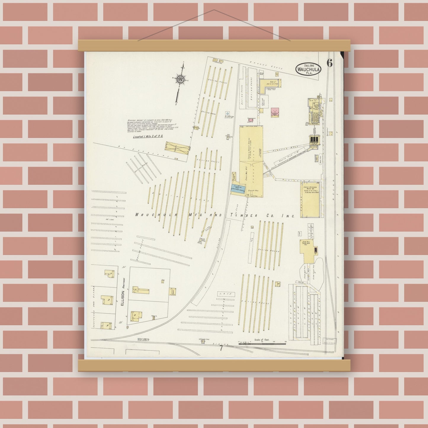 Old map wall art mockup — magnetic wood frame on brick wall — Sanborn Fire Insurance Map from Wauchula, Hardee County, Florida (1914), Sheet #0006