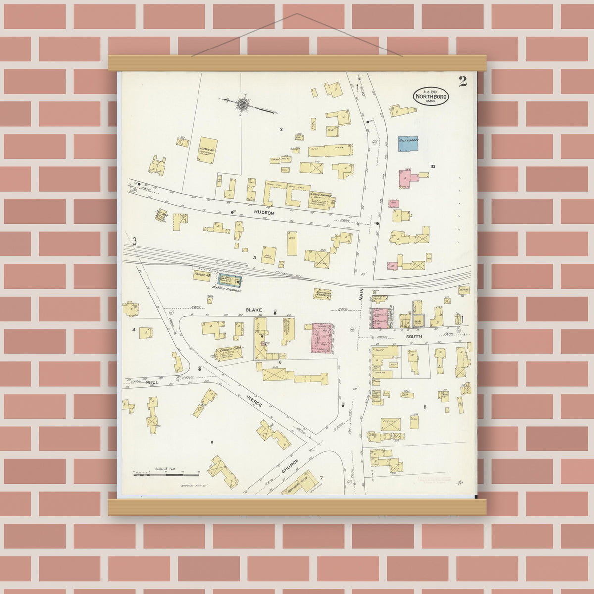 Old map wall art mockup — magnetic wood frame on brick wall — Sanborn Fire Insurance Map from Northboro, Worcester County, Massachusetts (1910), Sheet #0002