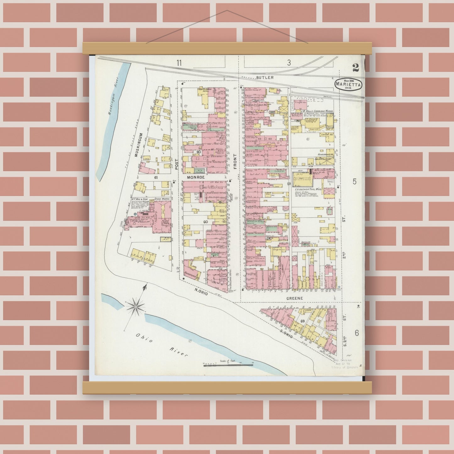 Old map wall art mockup — magnetic wood frame on brick wall — Sanborn Fire Insurance Map from Marietta, Washington County, Ohio (1896), Sheet #0002