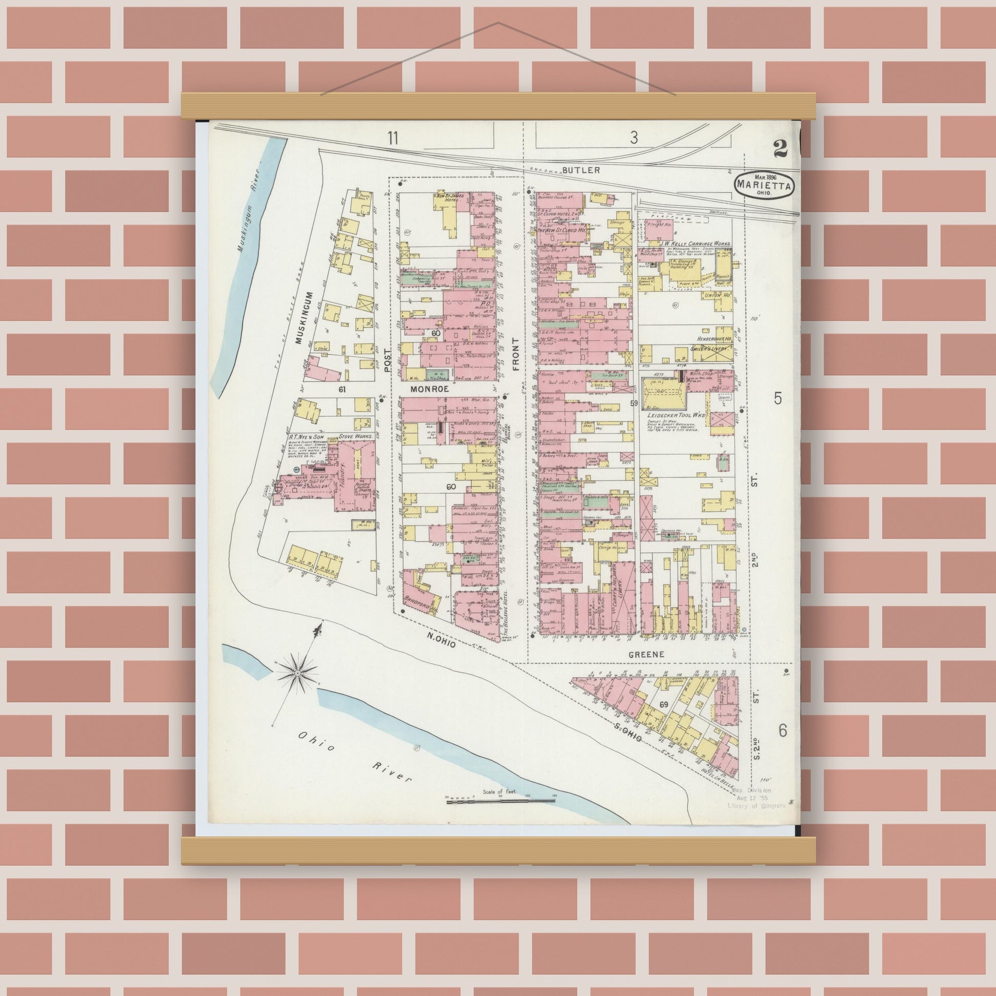 Old map wall art mockup — magnetic wood frame on brick wall — Sanborn Fire Insurance Map from Marietta, Washington County, Ohio (1896), Sheet #0002