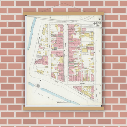 Old map wall art mockup — magnetic wood frame on brick wall — Sanborn Fire Insurance Map from Marietta, Washington County, Ohio (1896), Sheet #0002