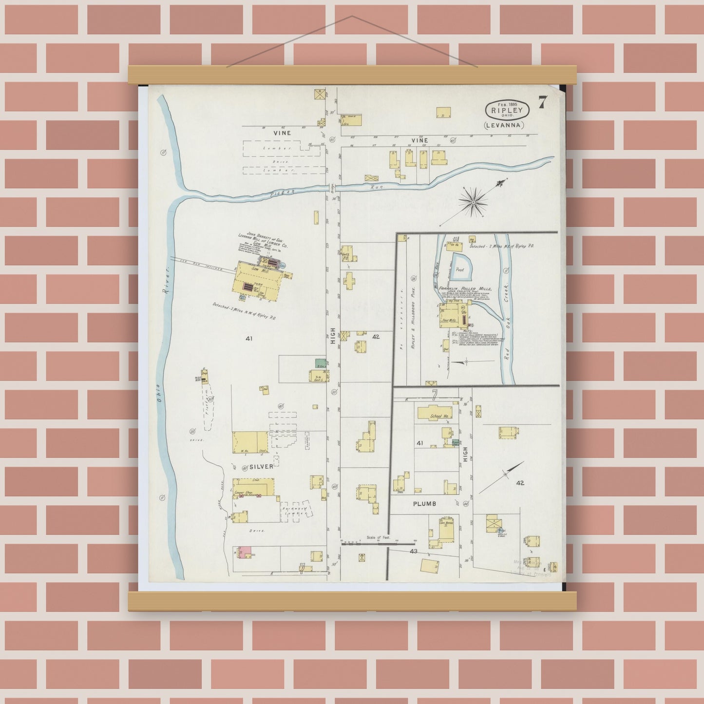 Old map wall art mockup — magnetic wood frame on brick wall — Sanborn Fire Insurance Map from Ripley, Brown County, Ohio (1895), Sheet #0007