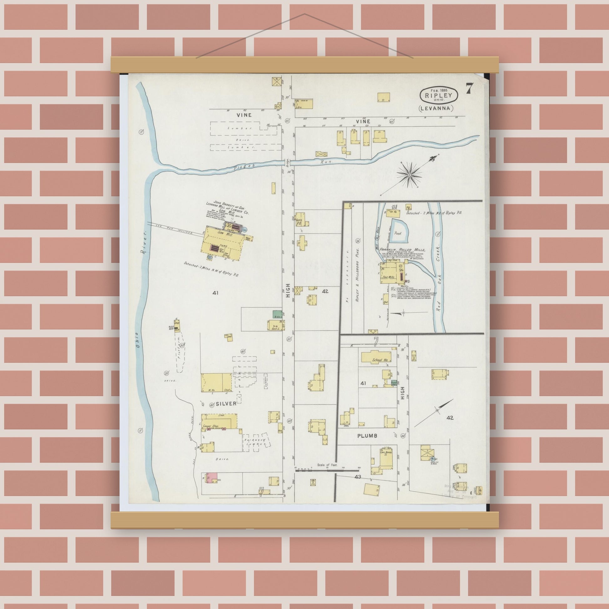 Old map wall art mockup — magnetic wood frame on brick wall — Sanborn Fire Insurance Map from Ripley, Brown County, Ohio (1895), Sheet #0007