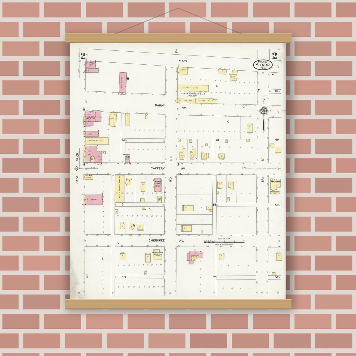 Old map wall art mockup — magnetic wood frame on brick wall — Sanborn Fire Insurance Map from Pharr, Hidalgo County, Texas (1925), Sheet #0002