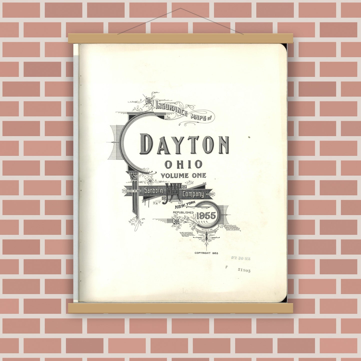 Old map wall art mockup — magnetic wood frame on brick wall — Sanborn Fire Insurance Map from Dayton, Montgomery County, Ohio (1955), Sheet #0001