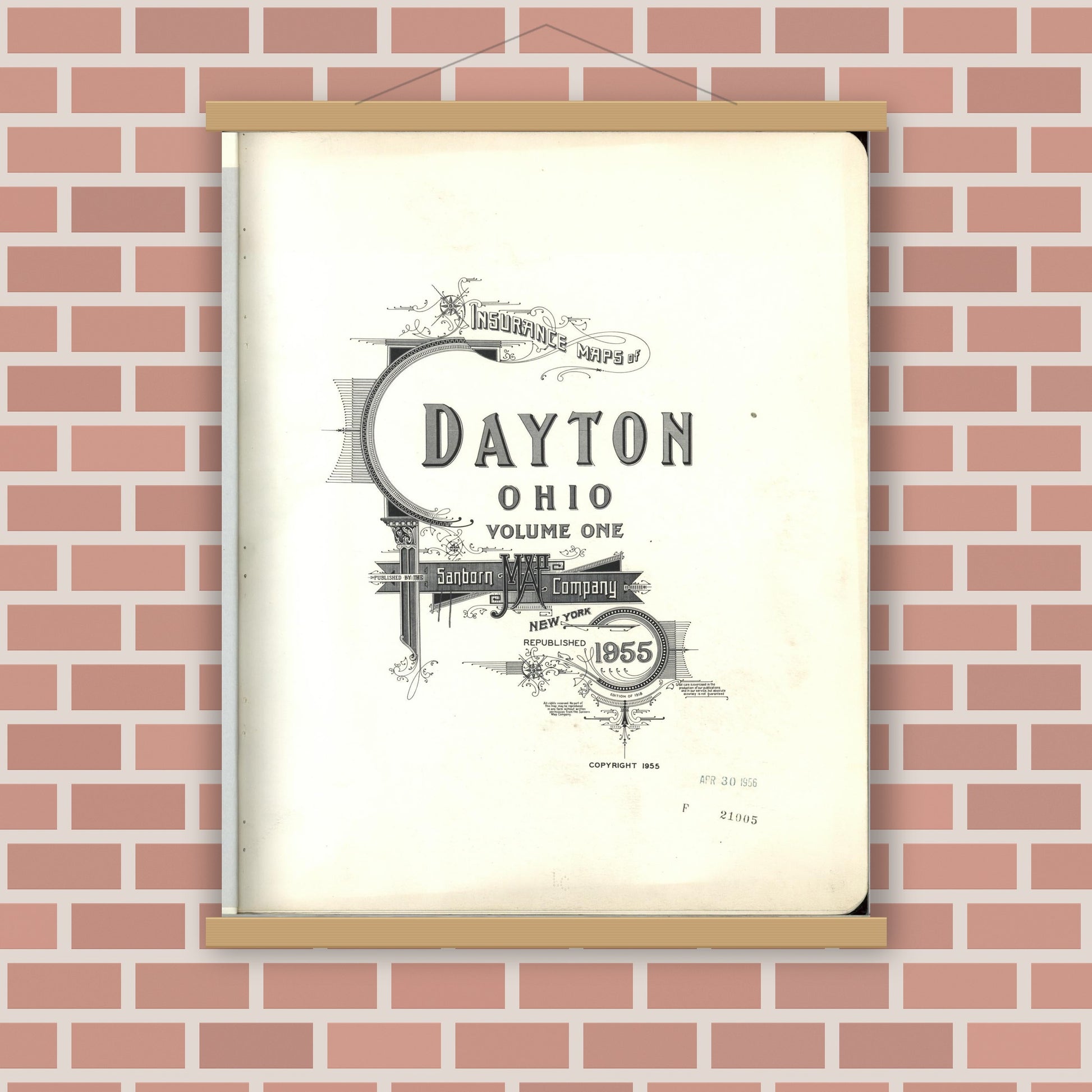 Old map wall art mockup — magnetic wood frame on brick wall — Sanborn Fire Insurance Map from Dayton, Montgomery County, Ohio (1955), Sheet #0001