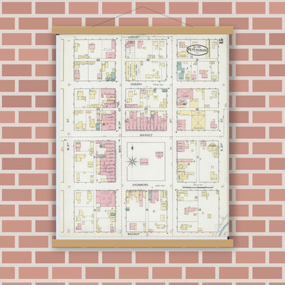 Old map wall art mockup — magnetic wood frame on brick wall — Sanborn Fire Insurance Map from Petersburg, Menard County, Illinois (1892), Sheet #0002