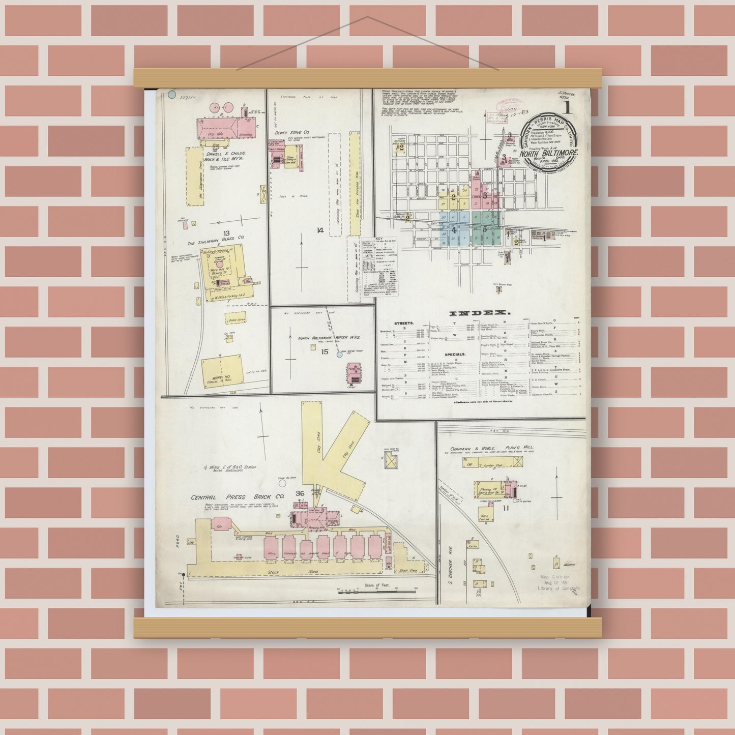 Old map wall art mockup — magnetic wood frame on brick wall — Sanborn Fire Insurance Map from North Baltimore, Wood County, Ohio (1893) - Complete Map Set