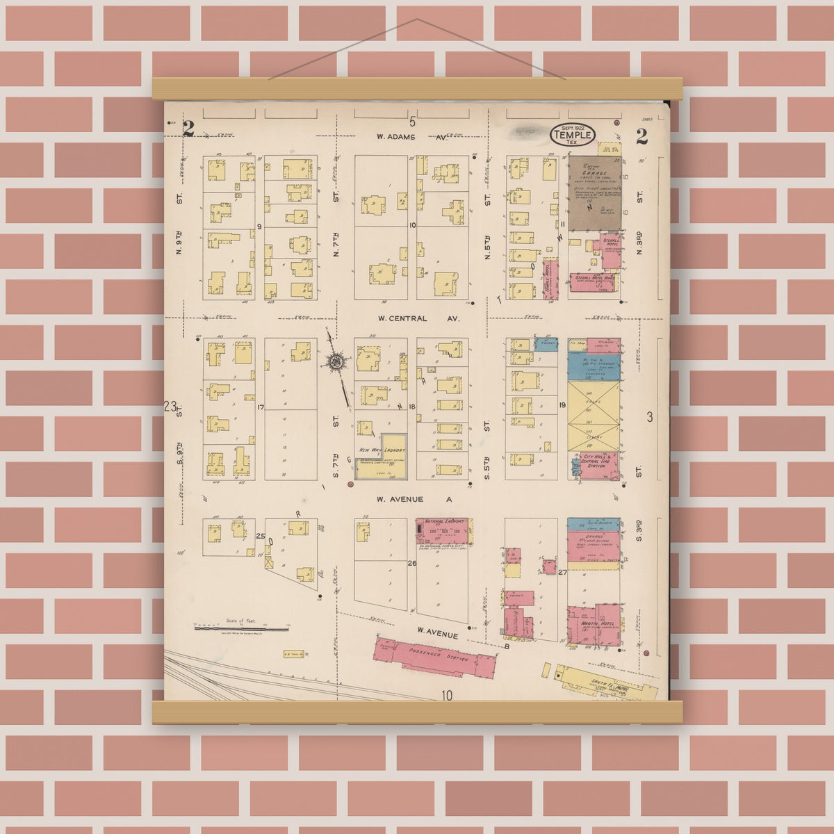 Old map wall art mockup — magnetic wood frame on brick wall — Sanborn Fire Insurance Map from Temple, Bell County, Texas (1922), Sheet #0002