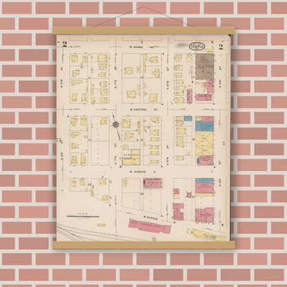 Old map wall art mockup — magnetic wood frame on brick wall — Sanborn Fire Insurance Map from Temple, Bell County, Texas (1922), Sheet #0002