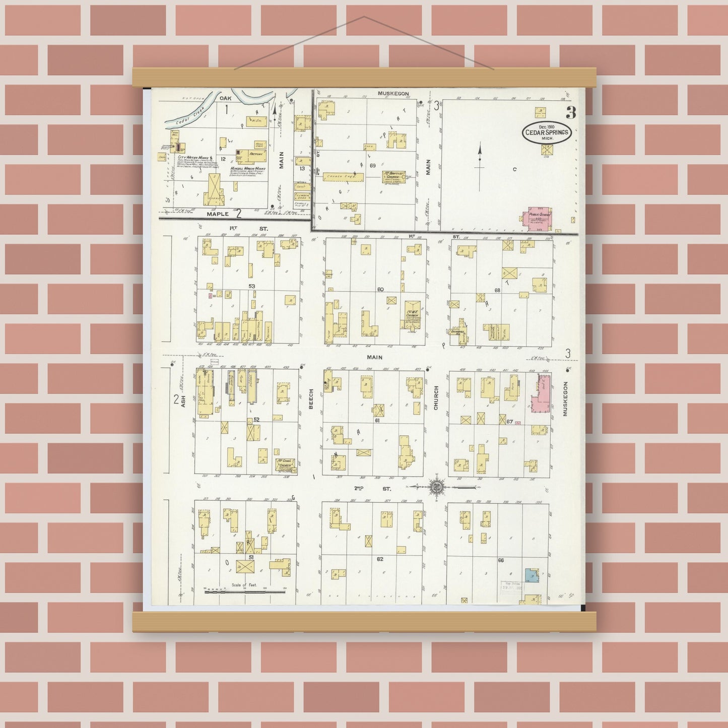 Old map wall art mockup — magnetic wood frame on brick wall — Sanborn Fire Insurance Map from Cedar Springs, Kent County, Michigan (1910), Sheet #0003
