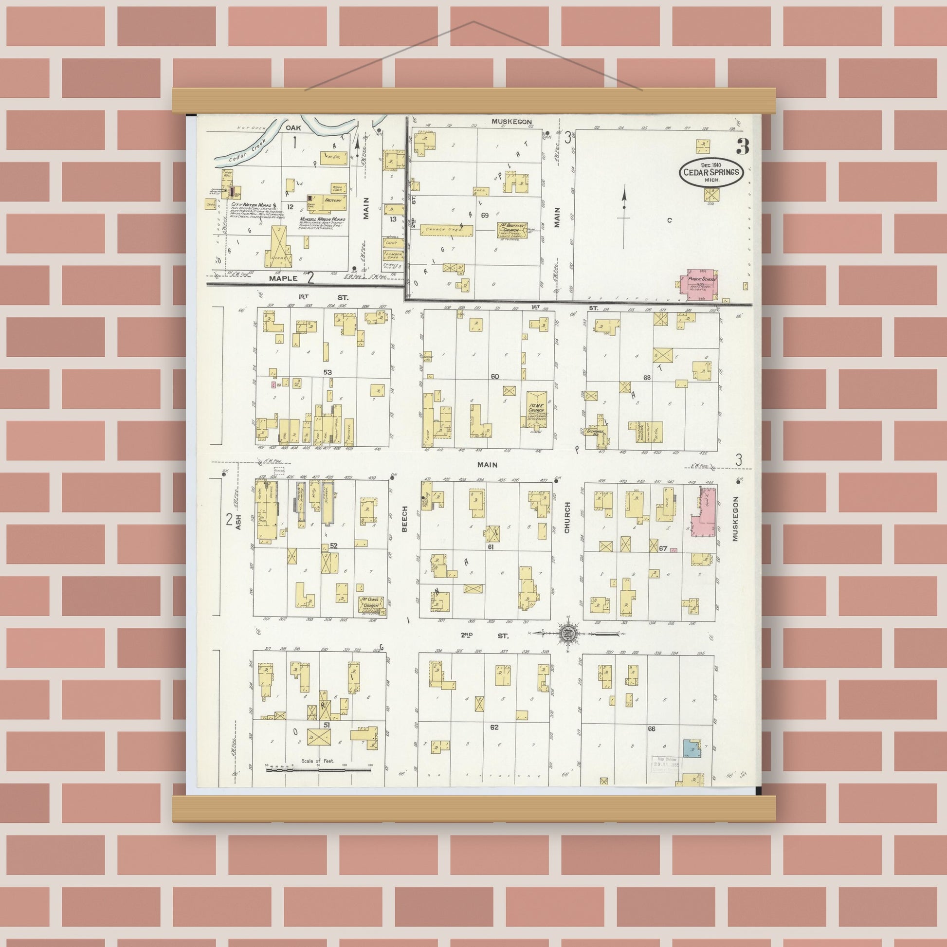Old map wall art mockup — magnetic wood frame on brick wall — Sanborn Fire Insurance Map from Cedar Springs, Kent County, Michigan (1910), Sheet #0003