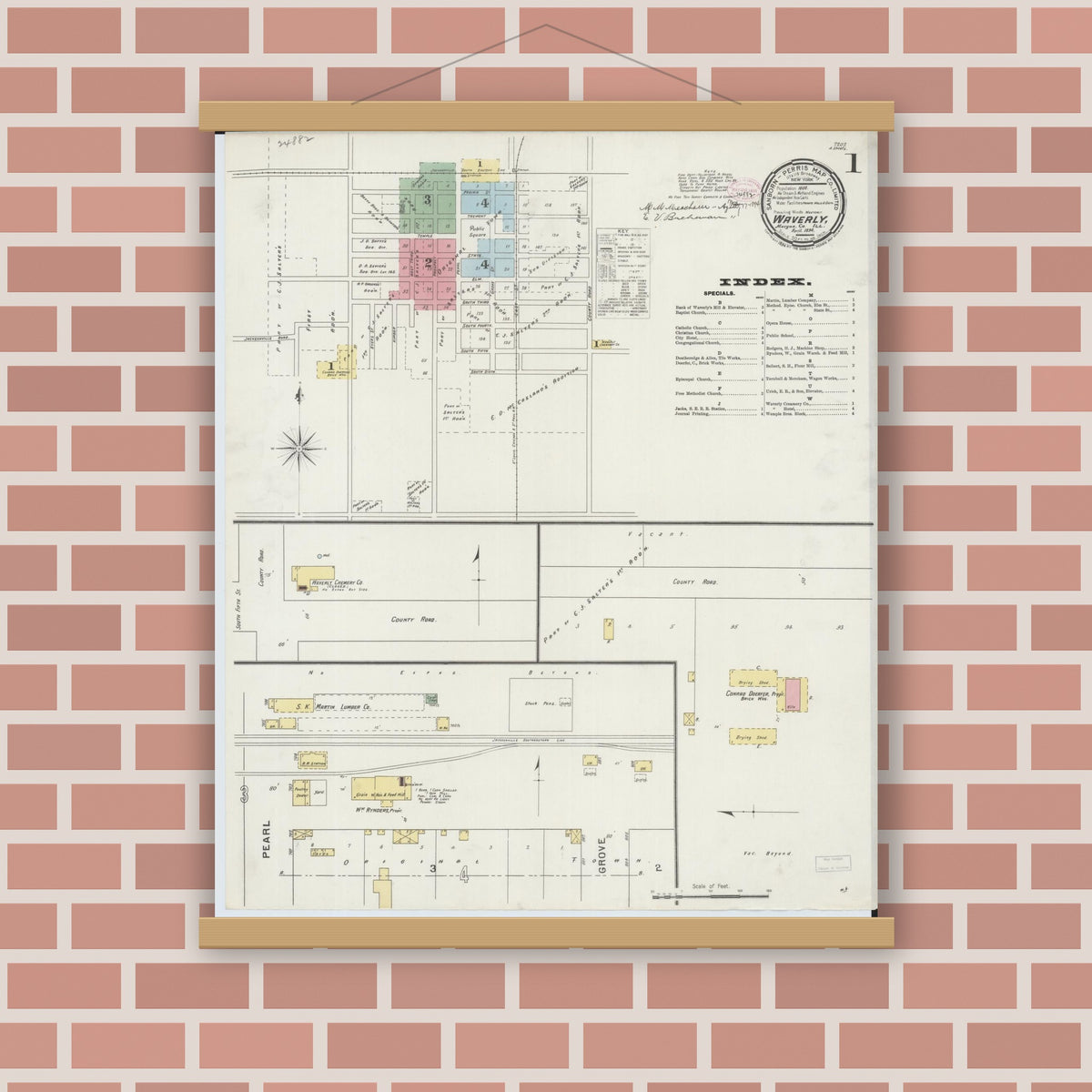 Old map wall art mockup — magnetic wood frame on brick wall — Sanborn Fire Insurance Map from Waverly, Morgan County, Illinois (1894) - Complete Map Set