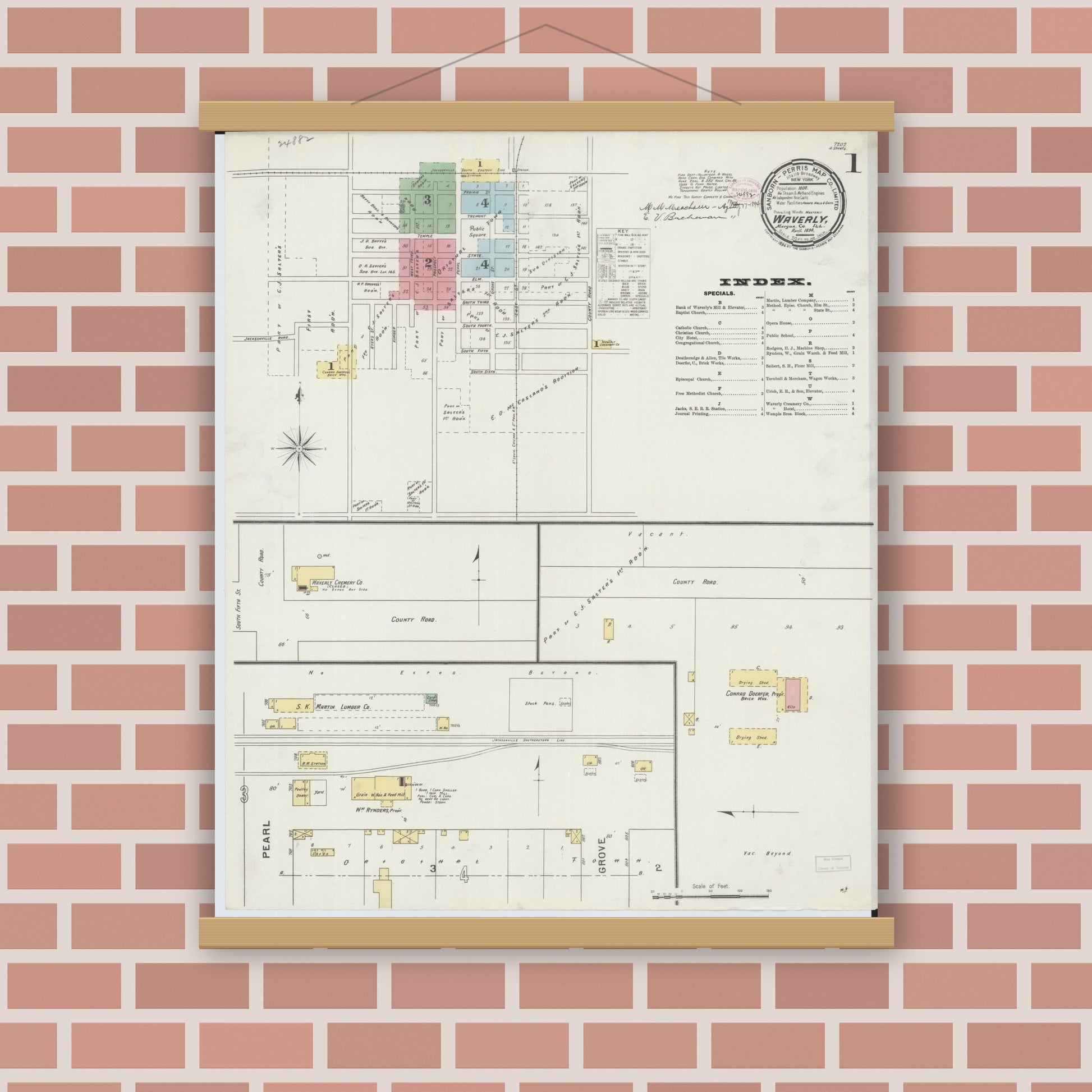 Old map wall art mockup — magnetic wood frame on brick wall — Sanborn Fire Insurance Map from Waverly, Morgan County, Illinois (1894) - Complete Map Set