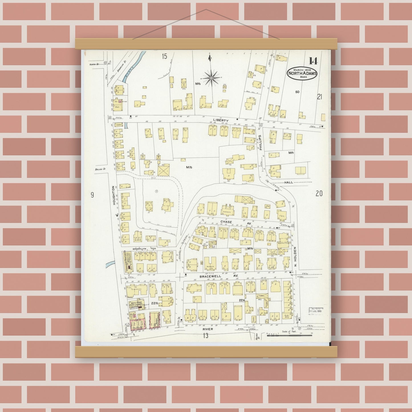 Old map wall art mockup — magnetic wood frame on brick wall — Sanborn Fire Insurance Map from North Adams, Berkshire County, Massachusetts (1908), Sheet #0014