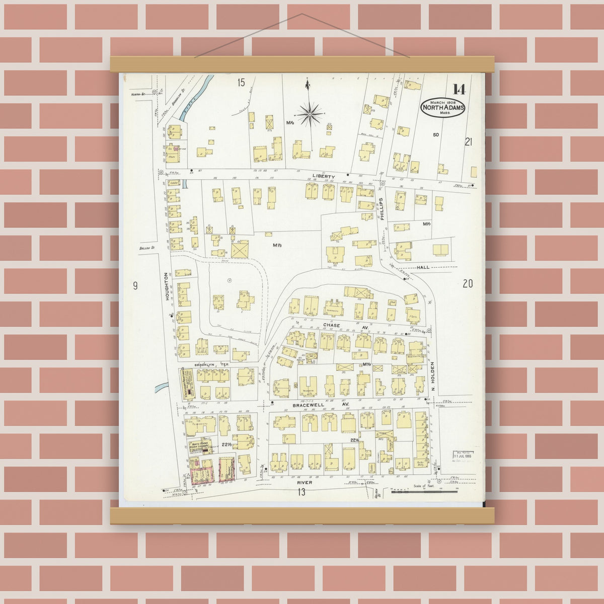 Old map wall art mockup — magnetic wood frame on brick wall — Sanborn Fire Insurance Map from North Adams, Berkshire County, Massachusetts (1908), Sheet #0014
