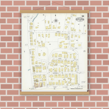 Old map wall art mockup — magnetic wood frame on brick wall — Sanborn Fire Insurance Map from North Adams, Berkshire County, Massachusetts (1908), Sheet #0014