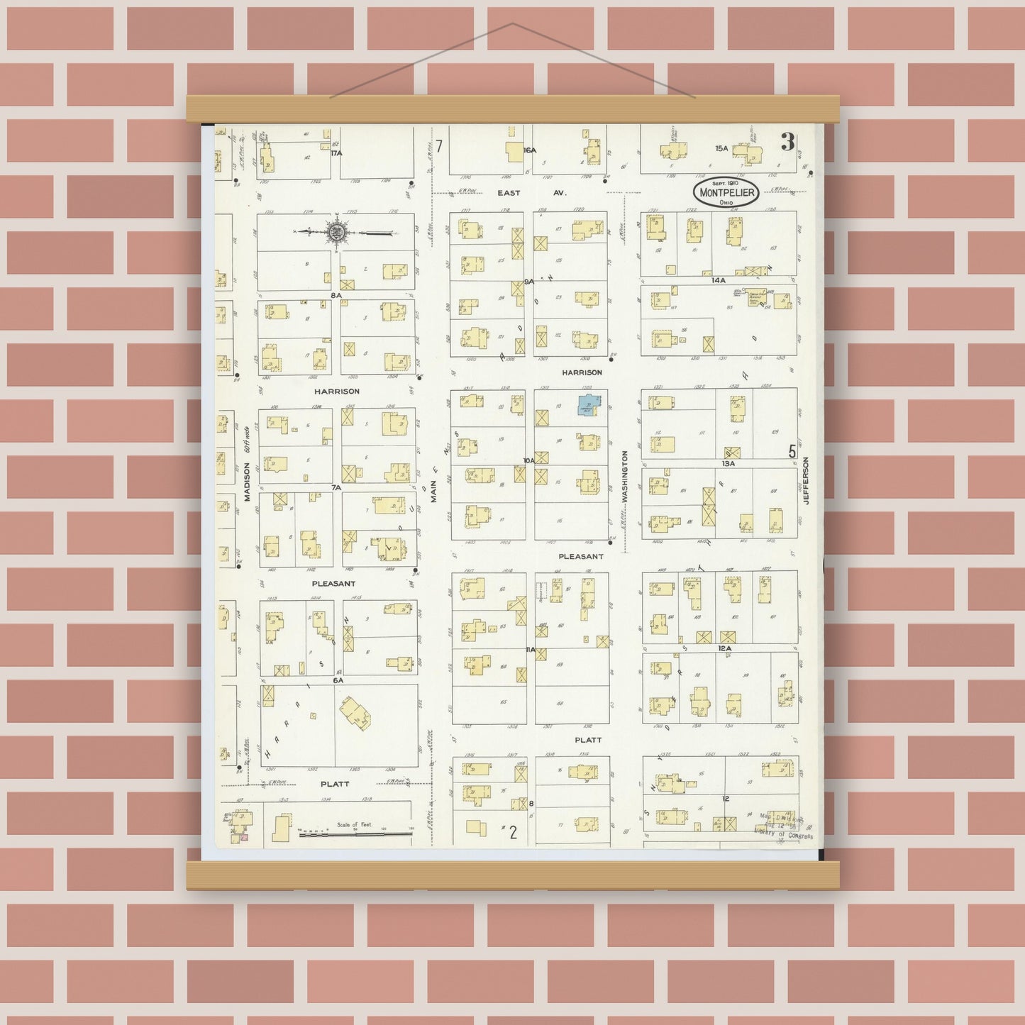 Old map wall art mockup — magnetic wood frame on brick wall — Sanborn Fire Insurance Map from Montpelier, Williams County, Ohio (1910), Sheet #0003