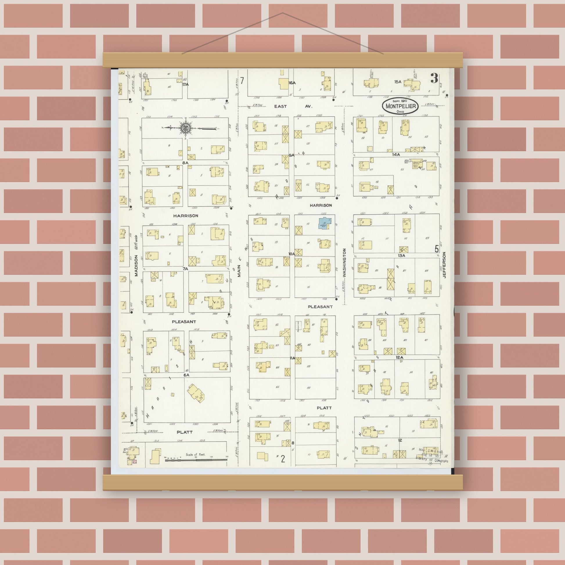 Old map wall art mockup — magnetic wood frame on brick wall — Sanborn Fire Insurance Map from Montpelier, Williams County, Ohio (1910), Sheet #0003