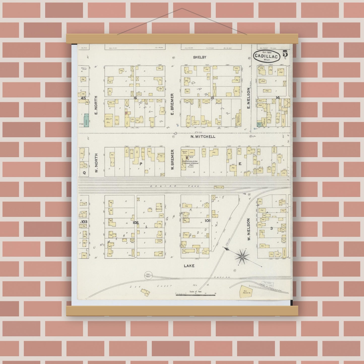 Old map wall art mockup — magnetic wood frame on brick wall — Sanborn Fire Insurance Map from Cadillac, Wexford County, Michigan (1890), Sheet #0005