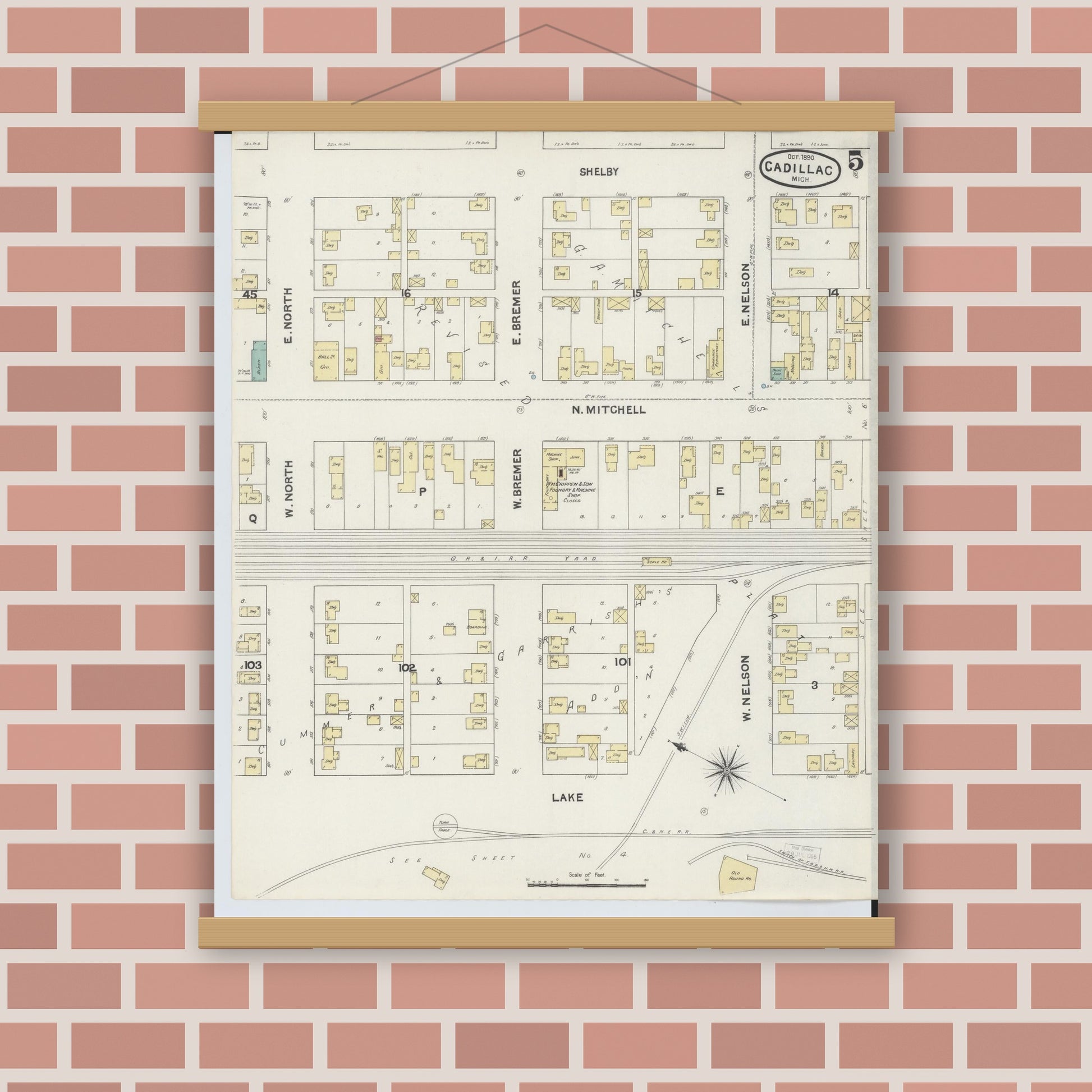 Old map wall art mockup — magnetic wood frame on brick wall — Sanborn Fire Insurance Map from Cadillac, Wexford County, Michigan (1890), Sheet #0005