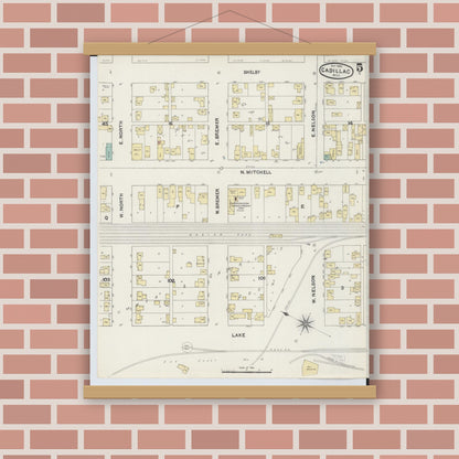 Old map wall art mockup — magnetic wood frame on brick wall — Sanborn Fire Insurance Map from Cadillac, Wexford County, Michigan (1890), Sheet #0005