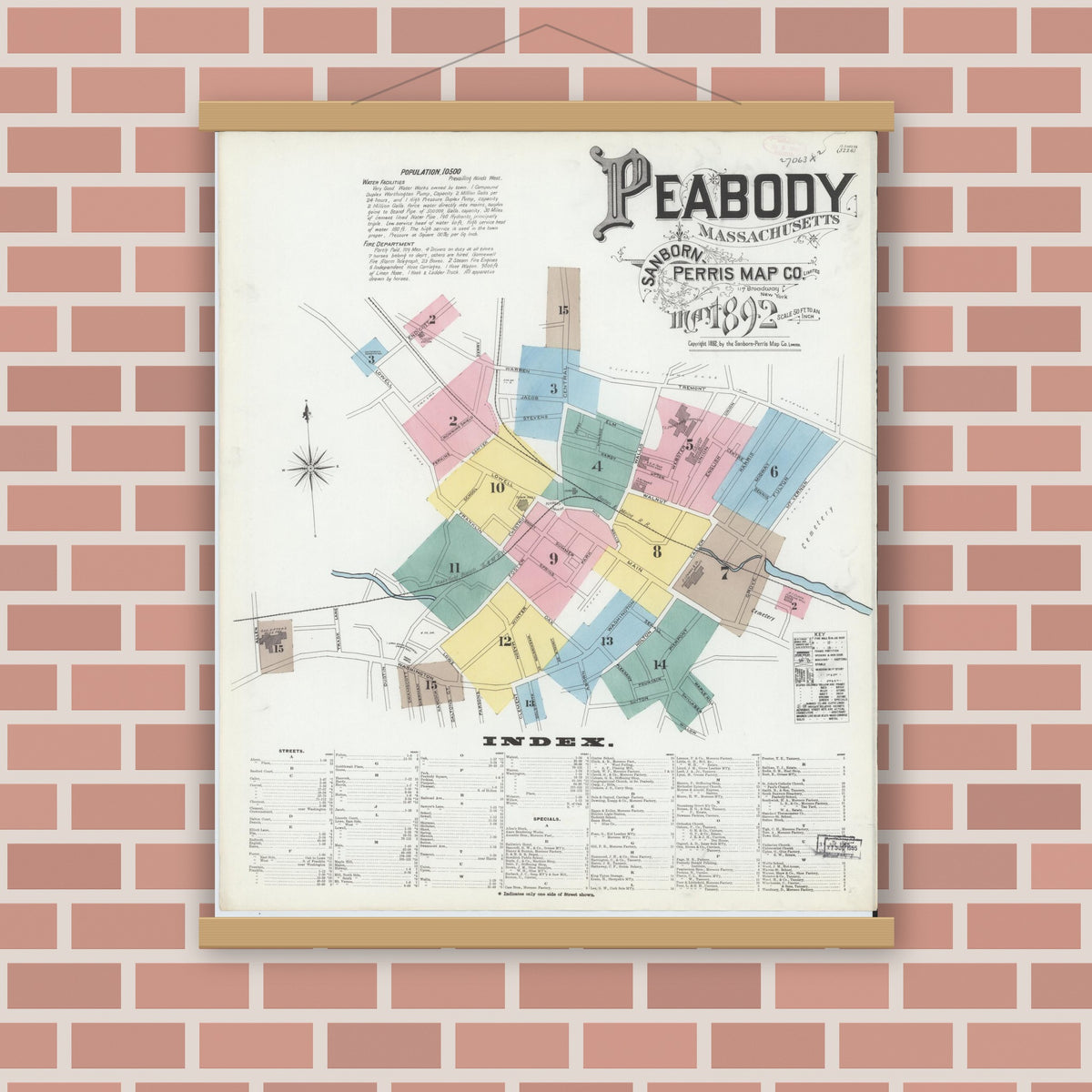 Old map wall art mockup — magnetic wood frame on brick wall — Sanborn Fire Insurance Map from Peabody, Essex County, Massachusetts (1892), Sheet #0001