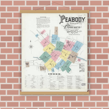 Old map wall art mockup — magnetic wood frame on brick wall — Sanborn Fire Insurance Map from Peabody, Essex County, Massachusetts (1892), Sheet #0001