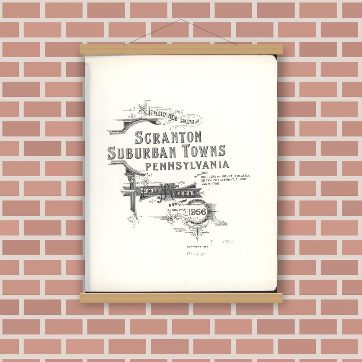Old map wall art mockup — magnetic wood frame on brick wall — Sanborn Fire Insurance Map from Scranton Suburbs, Lackawanna County, Pennsylvania (1956), Sheet #0001