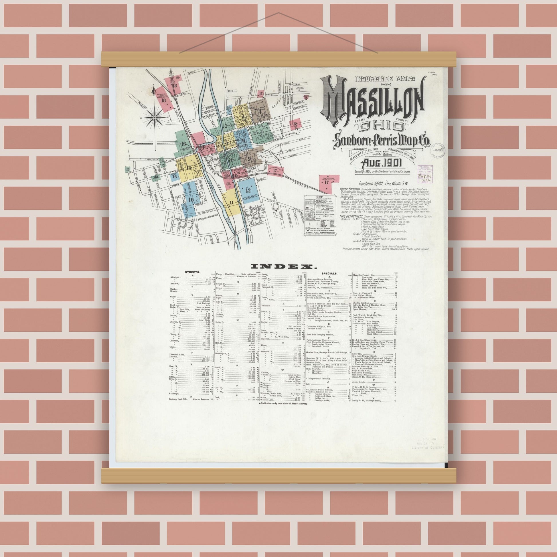 Old map wall art mockup — magnetic wood frame on brick wall — Sanborn Fire Insurance Map from Massillon, Stark County, Ohio (1901) - Complete Map Set