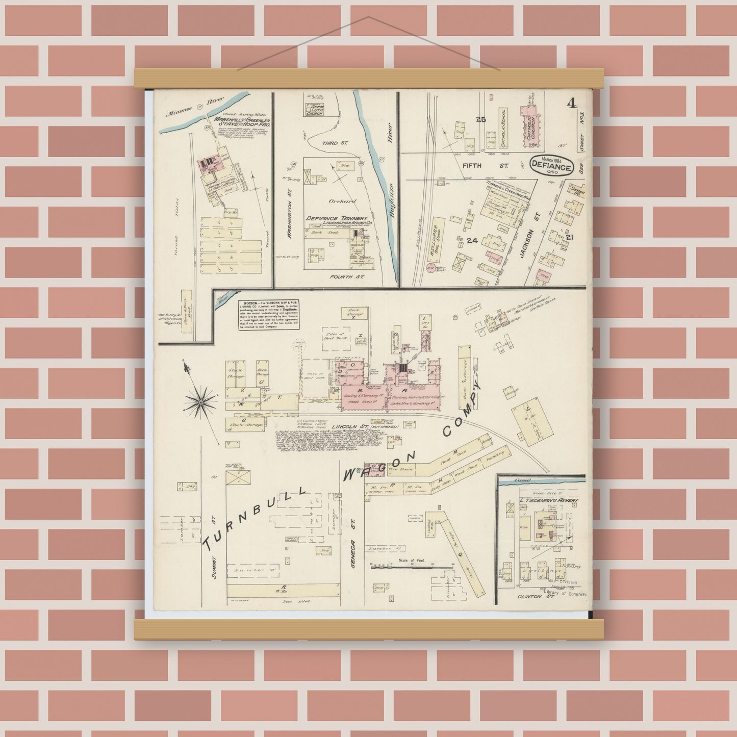 Old map wall art mockup — magnetic wood frame on brick wall — Sanborn Fire Insurance Map from Defiance, Defiance County, Ohio (1884), Sheet #0004