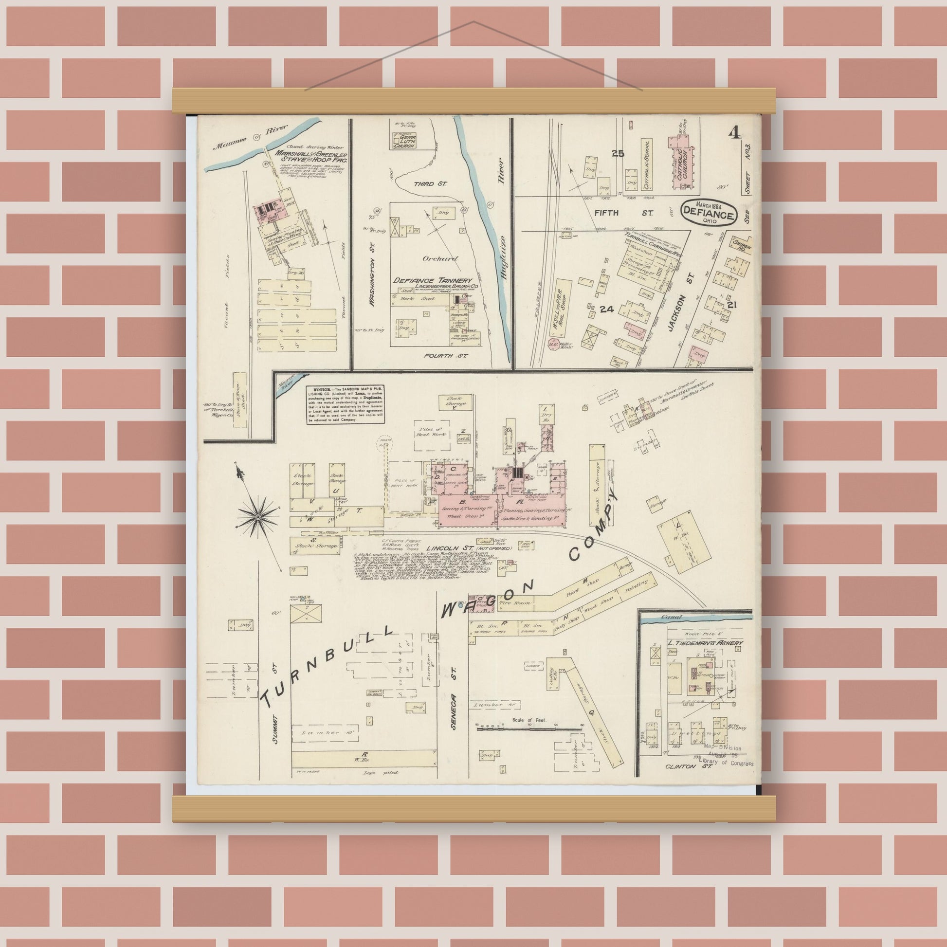 Old map wall art mockup — magnetic wood frame on brick wall — Sanborn Fire Insurance Map from Defiance, Defiance County, Ohio (1884), Sheet #0004