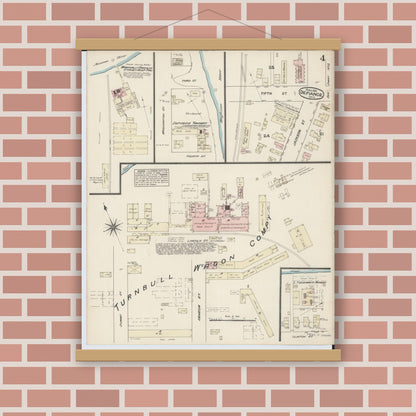 Old map wall art mockup — magnetic wood frame on brick wall — Sanborn Fire Insurance Map from Defiance, Defiance County, Ohio (1884), Sheet #0004