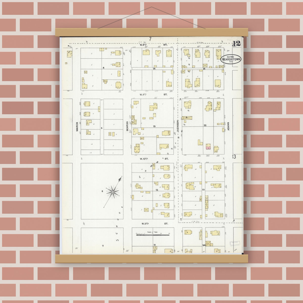Old map wall art mockup — magnetic wood frame on brick wall — Sanborn Fire Insurance Map from Beardstown, Cass County, Illinois (1906), Sheet #0012
