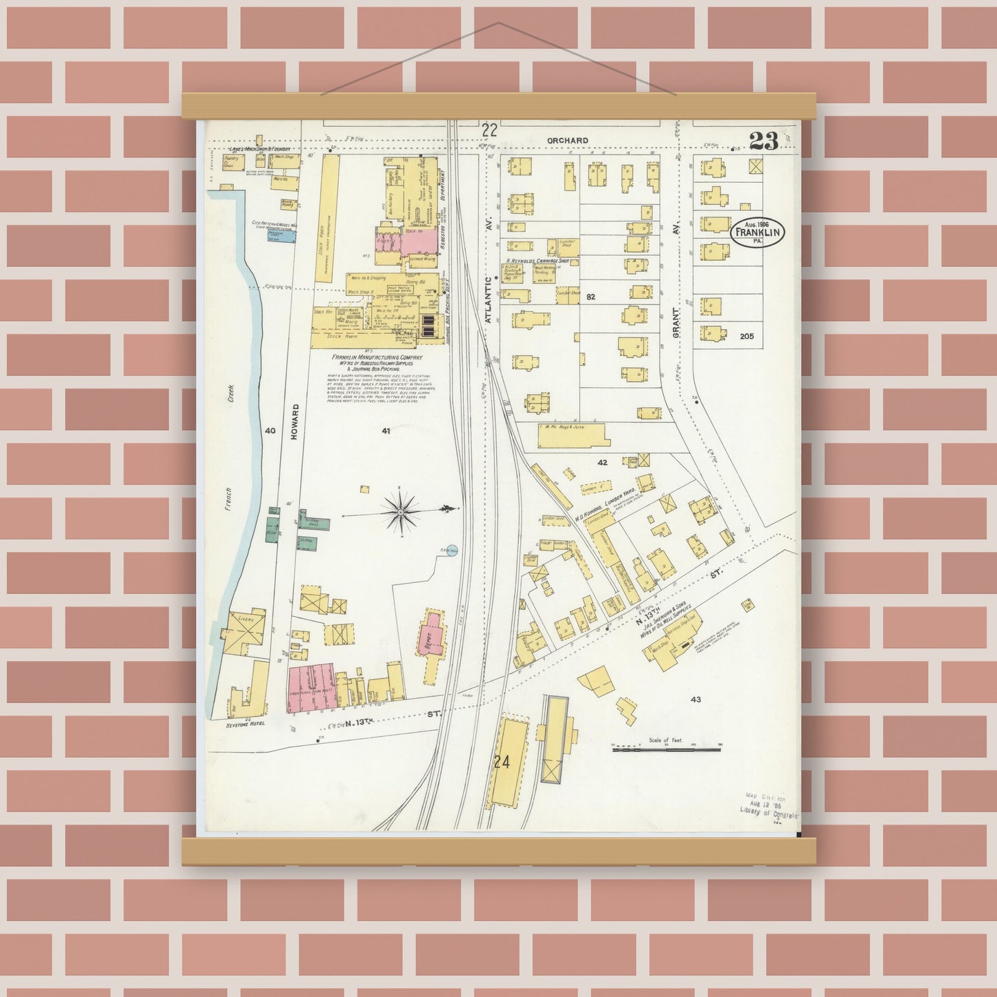 Old map wall art mockup — magnetic wood frame on brick wall — Sanborn Fire Insurance Map from Franklin, Venango County, Pennsylvania (1906), Sheet #0023