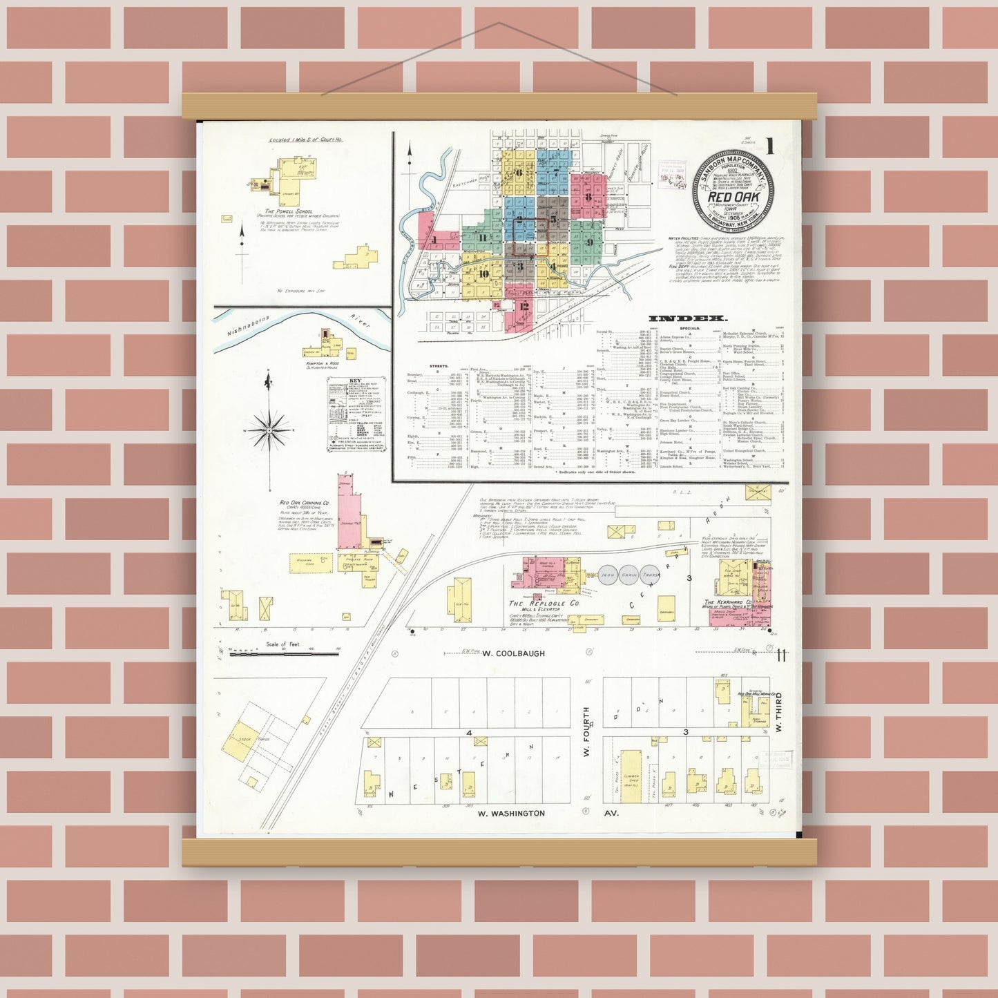 Old map wall art mockup — magnetic wood frame on brick wall — Sanborn Fire Insurance Map from Red Oak, Montgomery County, Iowa (1908) â€” Complete Set