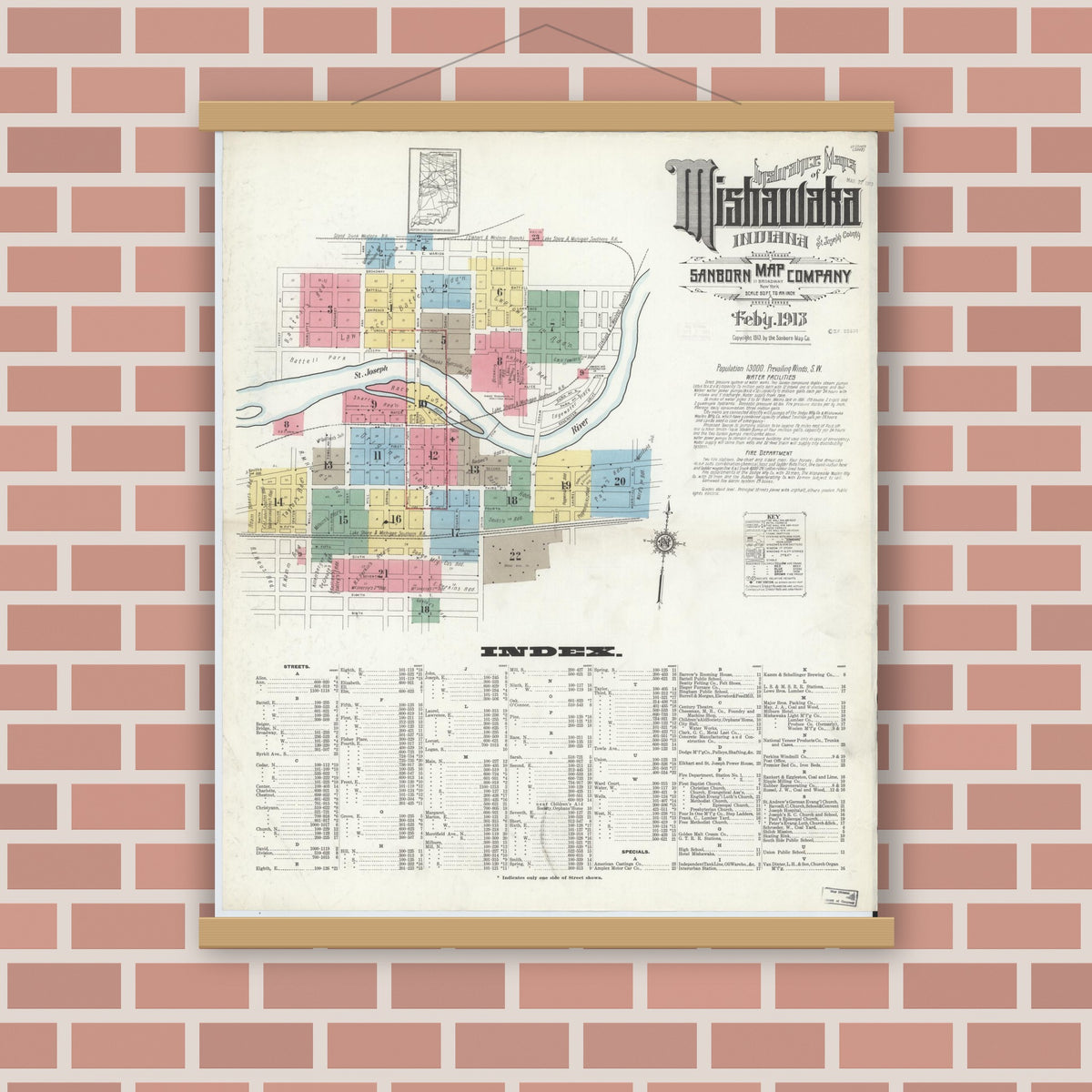 Old map wall art mockup — magnetic wood frame on brick wall — Sanborn Fire Insurance Map from Mishawaka, Saint Joseph County, Indiana (1913), Sheet #0001