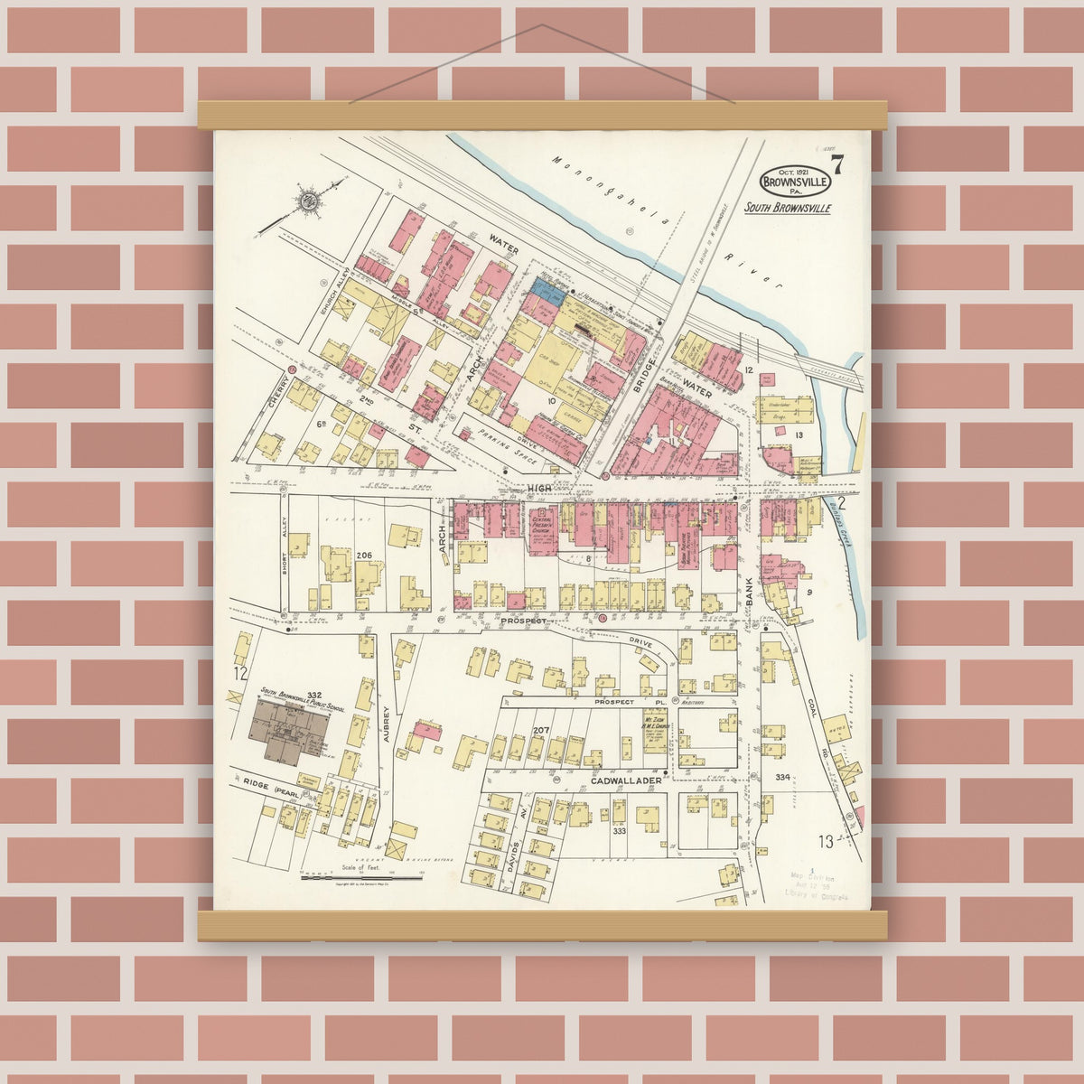 Old map wall art mockup — magnetic wood frame on brick wall — Sanborn Fire Insurance Map from Brownsville, Fayette County, Pennsylvania (1921), Sheet #0007