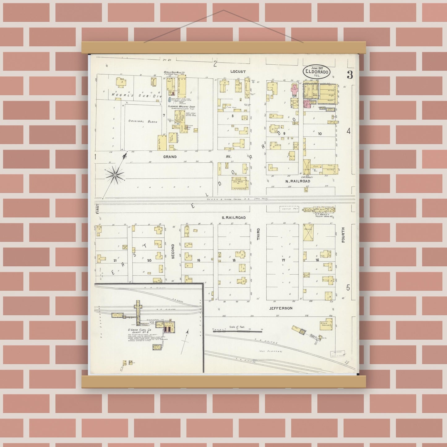 Old map wall art mockup — magnetic wood frame on brick wall — Sanborn Fire Insurance Map from Eldorado, Saline County, Illinois (1907), Sheet #0003