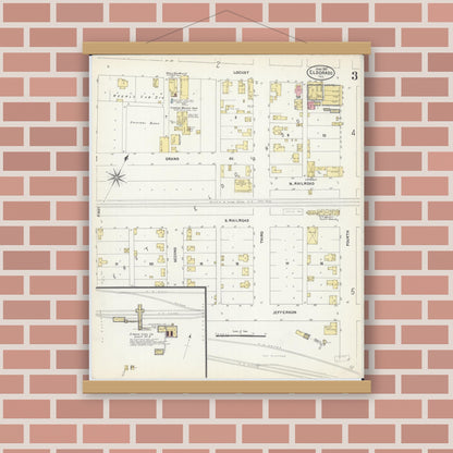 Old map wall art mockup — magnetic wood frame on brick wall — Sanborn Fire Insurance Map from Eldorado, Saline County, Illinois (1907), Sheet #0003