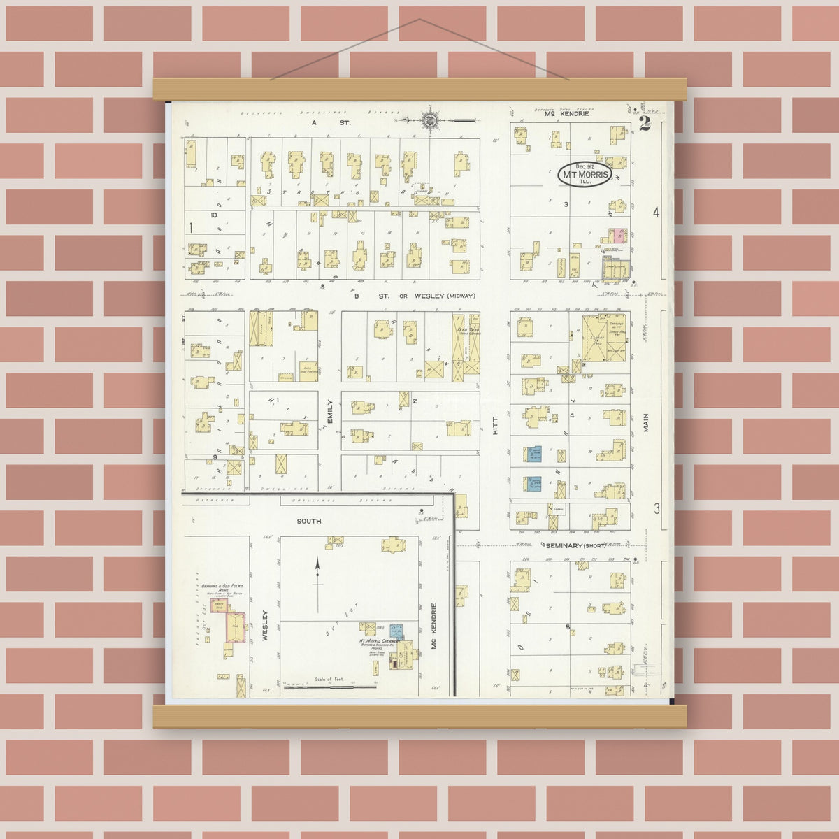 Old map wall art mockup — magnetic wood frame on brick wall — Sanborn Fire Insurance Map from Mount Morris, Ogle County, Illinois (1912), Sheet #0002