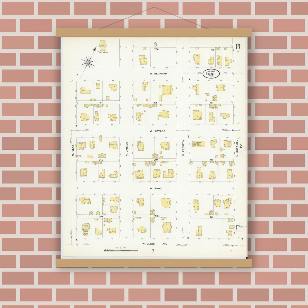 Old map wall art mockup — magnetic wood frame on brick wall — Sanborn Fire Insurance Map from Ennis, Ellis County, Texas (1909), Sheet #0008