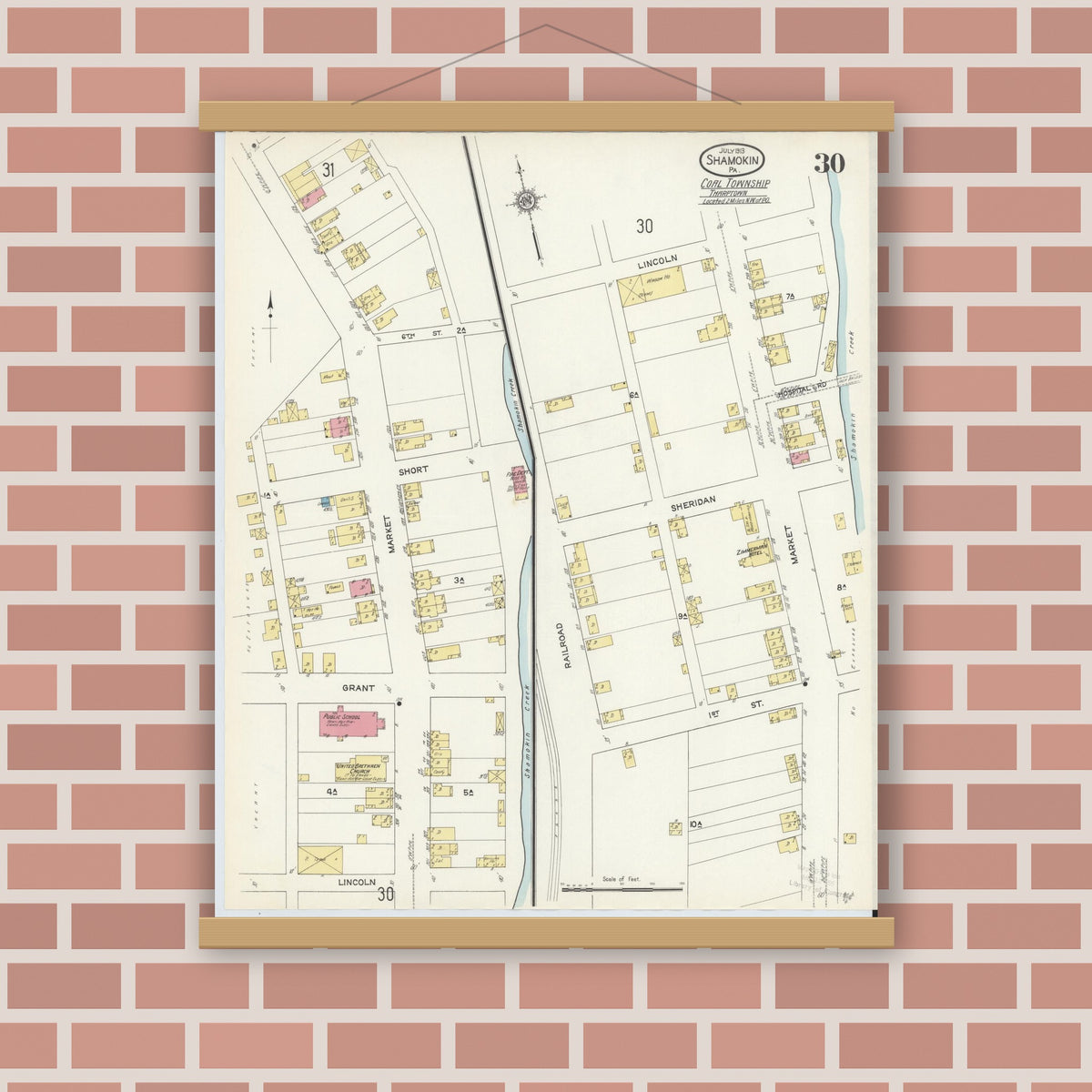 Old map wall art mockup — magnetic wood frame on brick wall — Sanborn Fire Insurance Map from Shamokin, Northumberland County, Pennsylvania (1913), Sheet #0030
